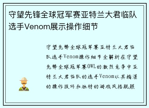 守望先锋全球冠军赛亚特兰大君临队选手Venom展示操作细节